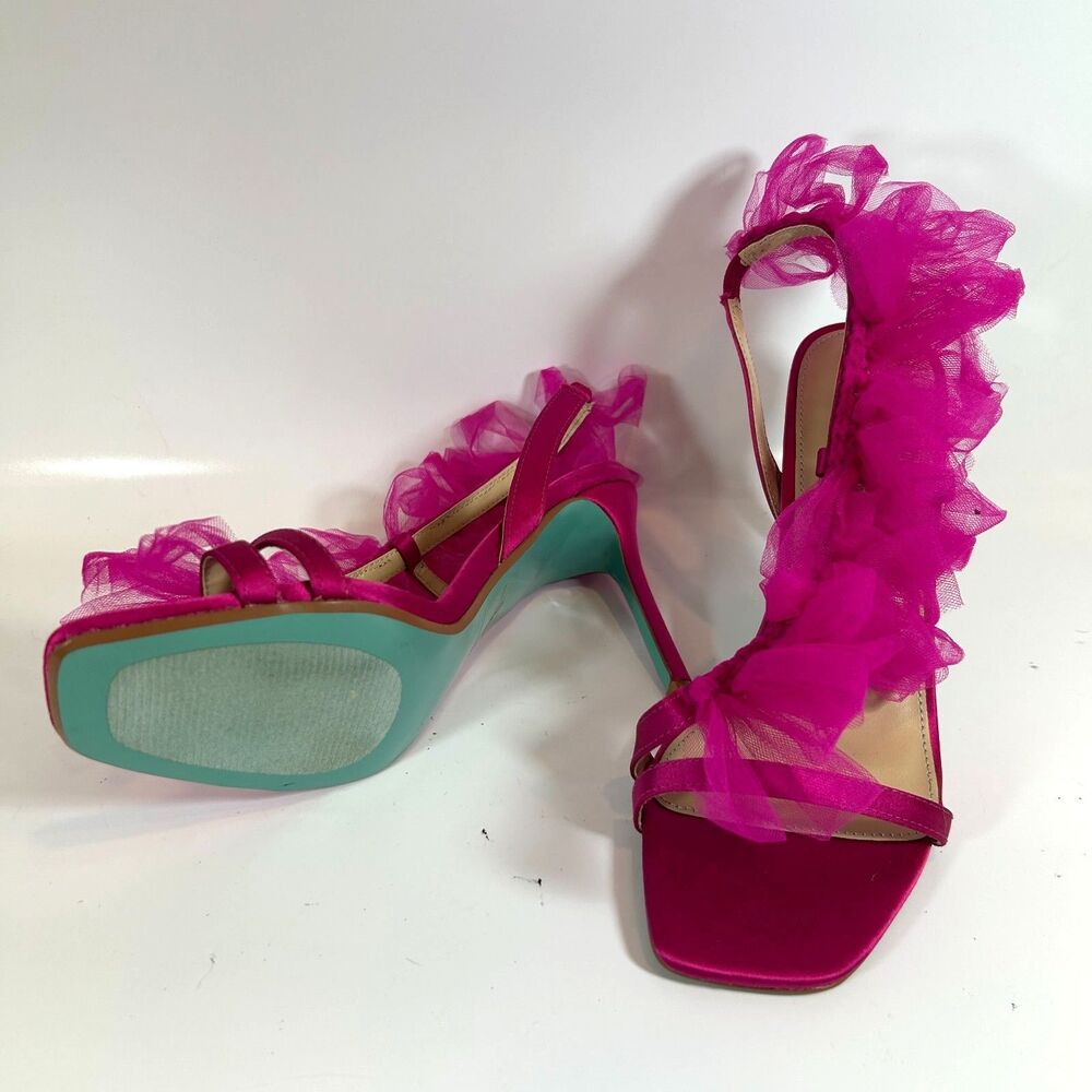 Betsy Johnson SB-Devon Size 8 Tulle Ruffle Slingback Heels Hot Pink Green